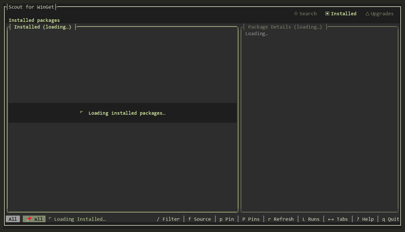 Scout opens Search, finds Git, and moves between results while package details stay visible