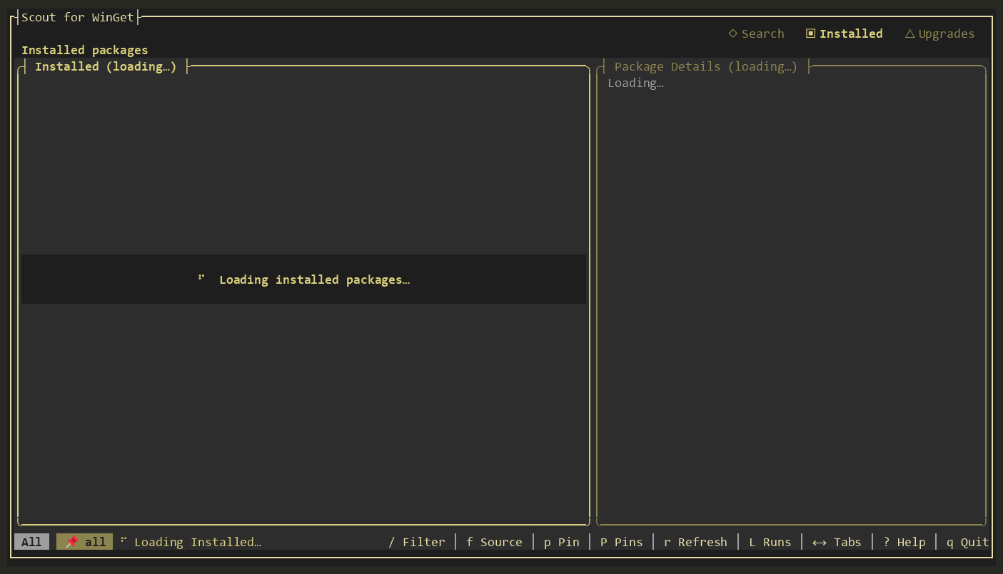 Scout opens Upgrades and moves through available updates with the Source column visible
